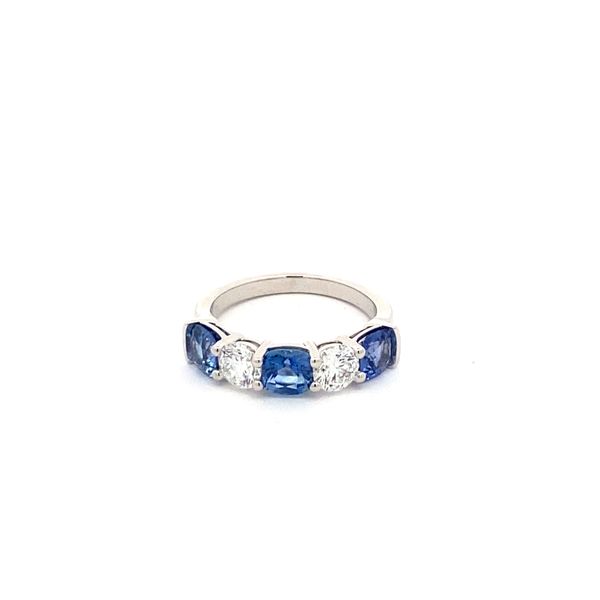 18K White Gold Diamond and Cushion Cut Sapphire Band Gray's Jewelers Bespoke Saint James, NY