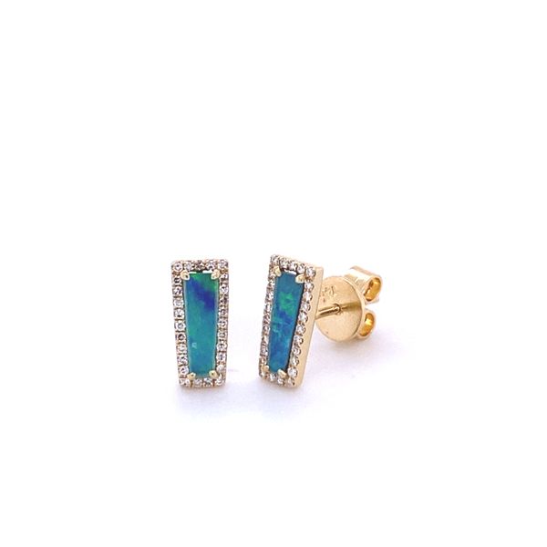 14k Yellow Gold Black Opal Doublet Stud Earrings 0.40 Total Opal Carat Weight 0.12 Total Diamond Carat Weight Gray's Jewelers Bespoke Saint James, NY