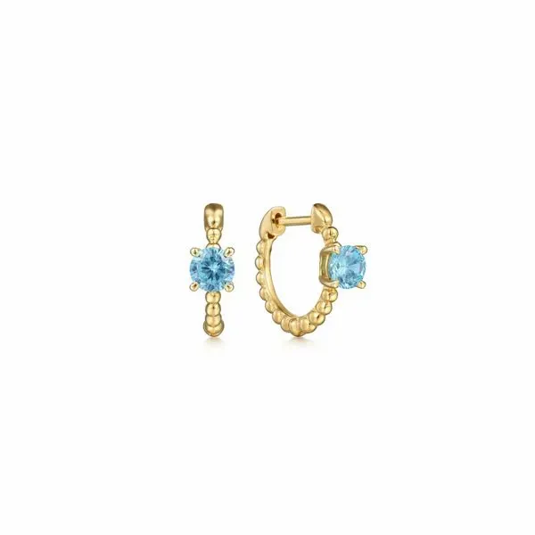 14K Yellow Gold Round Swiss Blue Topaz Bujukan Huggies- AVAILABLE IN ALL BIRTHSTONE COLORS Gray's Jewelers Bespoke Saint James, NY