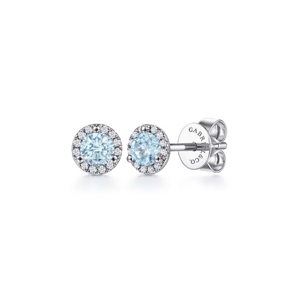 14K White Gold Round Halo Aquamarine and Diamond Stud Earrings Gray's Jewelers Bespoke Saint James, NY