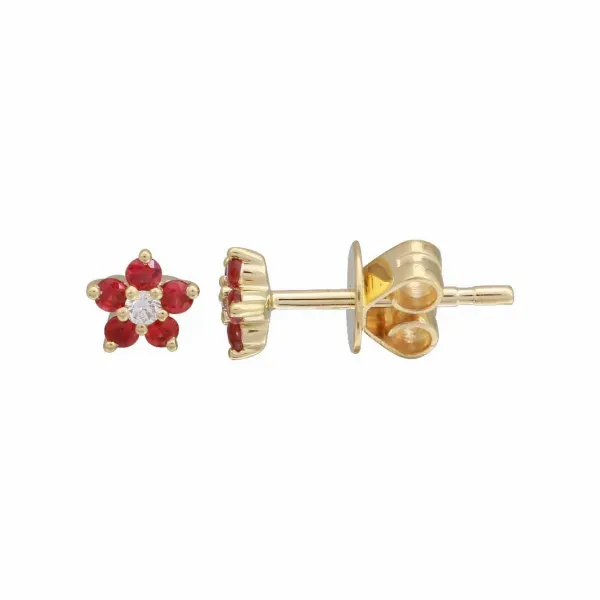 14k Yellow Gold Diamond Ruby Flower Stud Earrings Gray's Jewelers Bespoke Saint James, NY