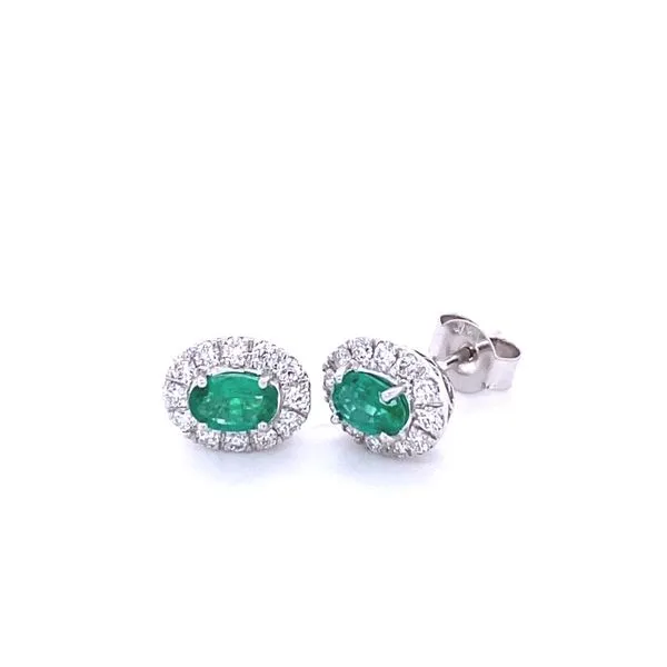 14K  White Gold Emerald and Diamond Halo Earrings Gray's Jewelers Bespoke Saint James, NY
