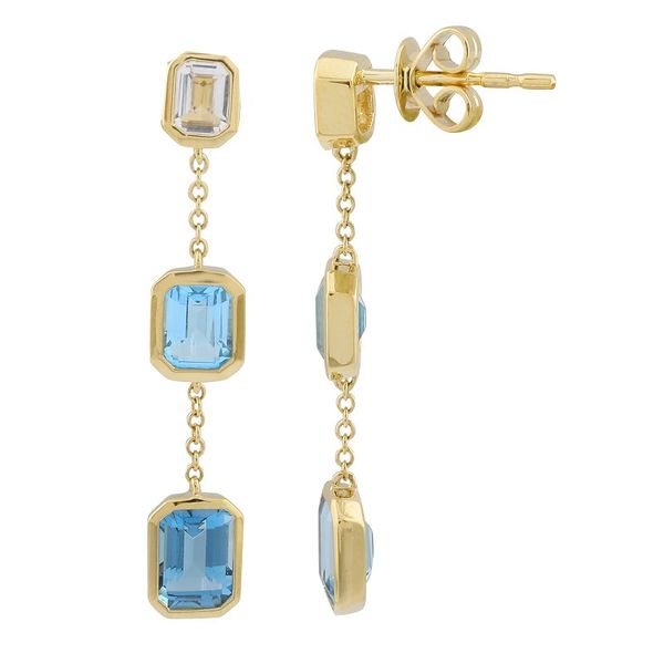 14K Yellow Gold Graduated London Blue Topaz, Blue Topaz and White Topaz Emerald Shape Drop Earrings Gray's Jewelers Bespoke Saint James, NY