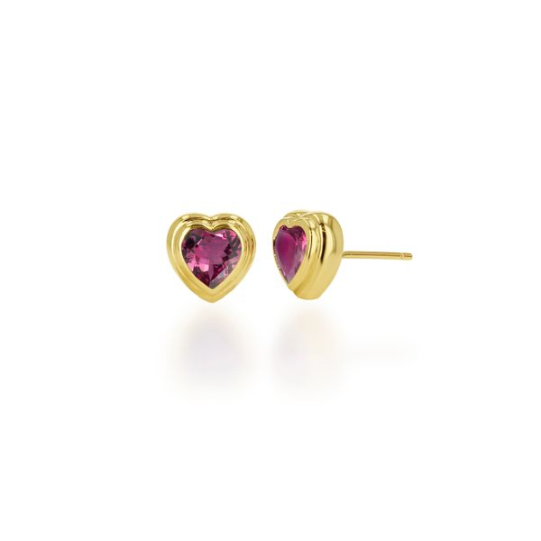 14K Yellow Gold Double Bezel PinkTourmaline Heart Stud Earrings Gray's Jewelers Bespoke Saint James, NY
