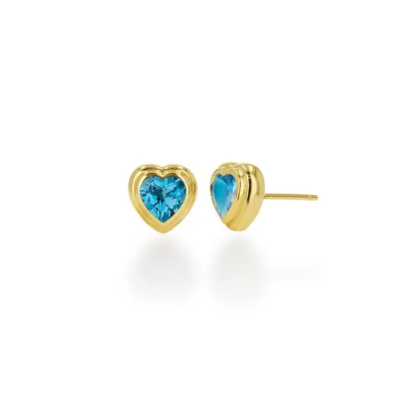 14K Yellow Gold Blue Topaz Double Bezel Stud Earrings Gray's Jewelers Bespoke Saint James, NY