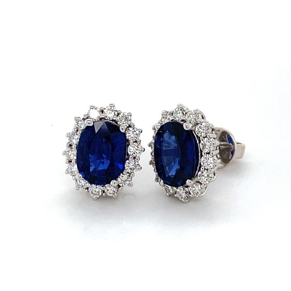 18K White Gold Sapphire and Diamond Halo Earrings Gray's Jewelers Bespoke Saint James, NY
