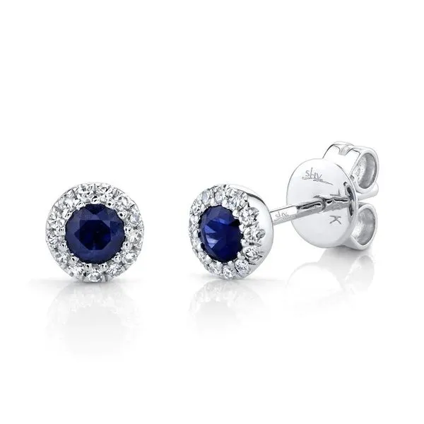 14K Sapphire and Diamond Halo Stud Earrings Gray's Jewelers Bespoke Saint James, NY