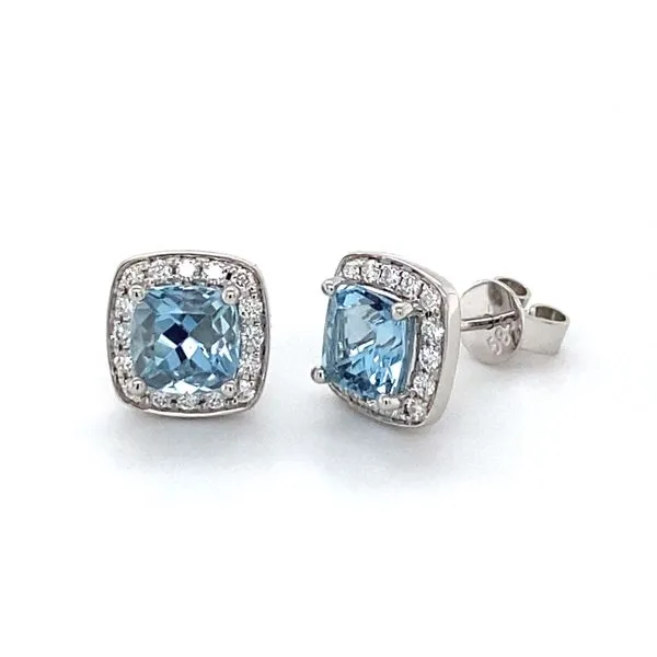 14K White Gold Aquamarine and Diamond Halo Earrings Gray's Jewelers Bespoke Saint James, NY