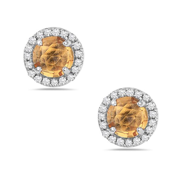 14K White Gold Citrine and Diamond Halo Earrings Gray's Jewelers Bespoke Saint James, NY