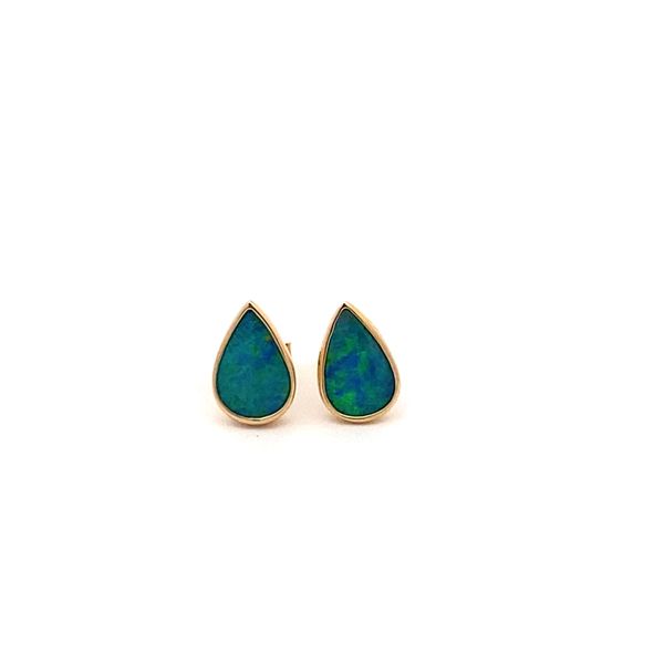 14K Yellow Gold Australian Opal Doublet Small Teardrop Plain Bezel Earrings Gray's Jewelers Bespoke Saint James, NY
