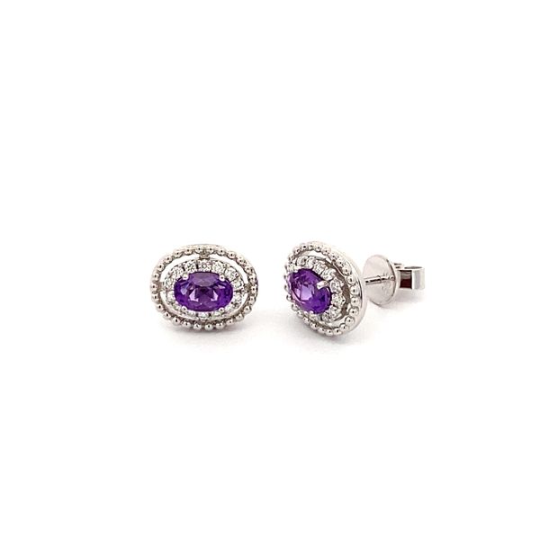 14K White Gold Amethyst Diamond and Beaded Halo Earrings Gray's Jewelers Bespoke Saint James, NY