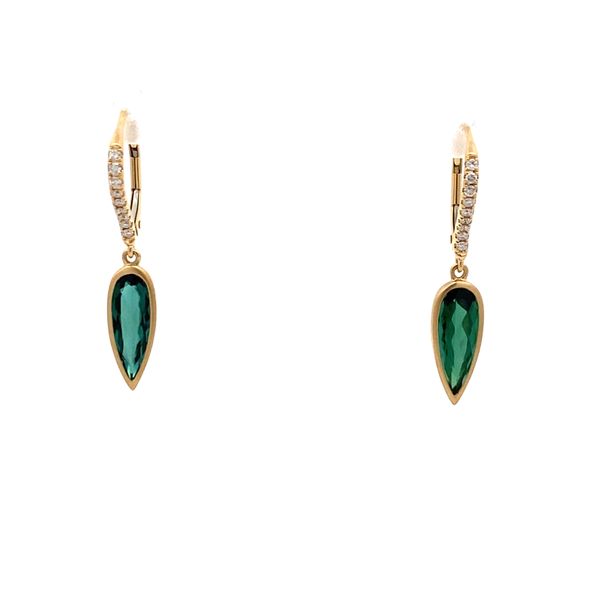 18K Yellow Gold Green Tourmaline Pear Shape Bezel with Diamond Earrings Gray's Jewelers Bespoke Saint James, NY
