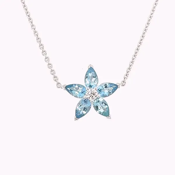 14k White Gold Aquamarine Flower Necklace With Diamond Accent Gray's Jewelers Bespoke Saint James, NY