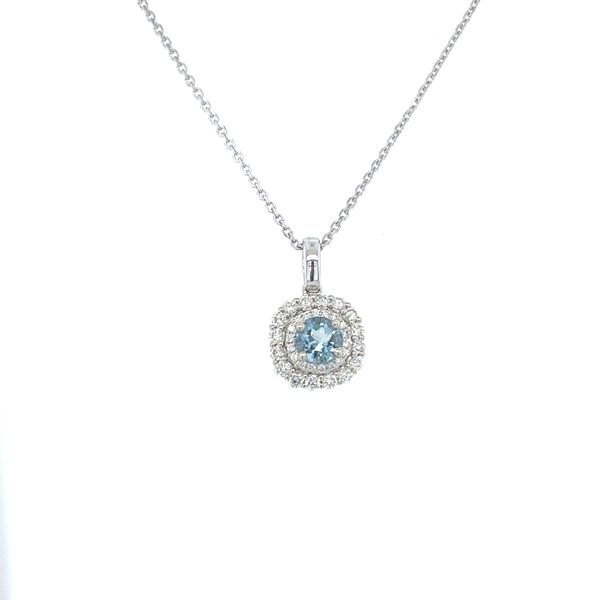 14k White Gold Aquamarine And Double Halo Diamond Pendant Gray's Jewelers Bespoke Saint James, NY