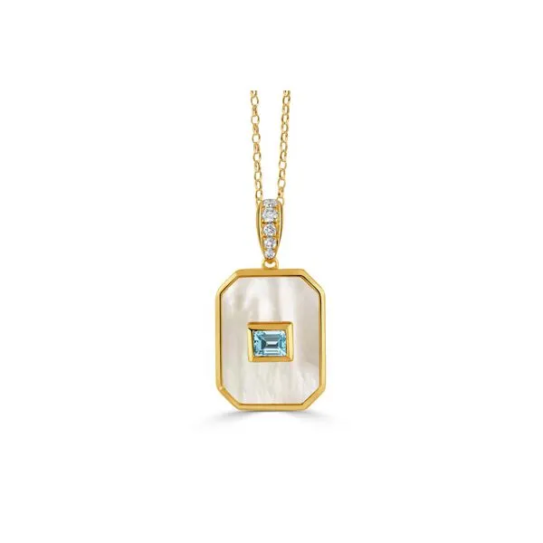 18K Yellow Gold Diamond Pendant With Sky Blue Topaz Center And White Mother Of Pearl With A Diamond Bale Gray's Jewelers Bespoke Saint James, NY