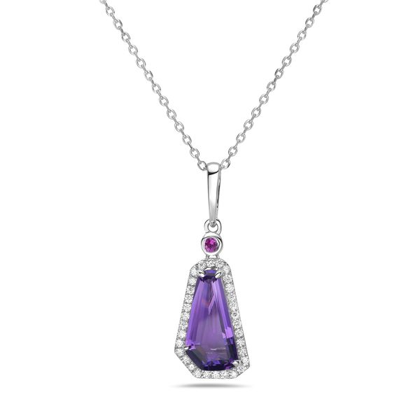 14K White Gold Amethyst with Diamond Halo and Pink Sapphire Gray's Jewelers Bespoke Saint James, NY