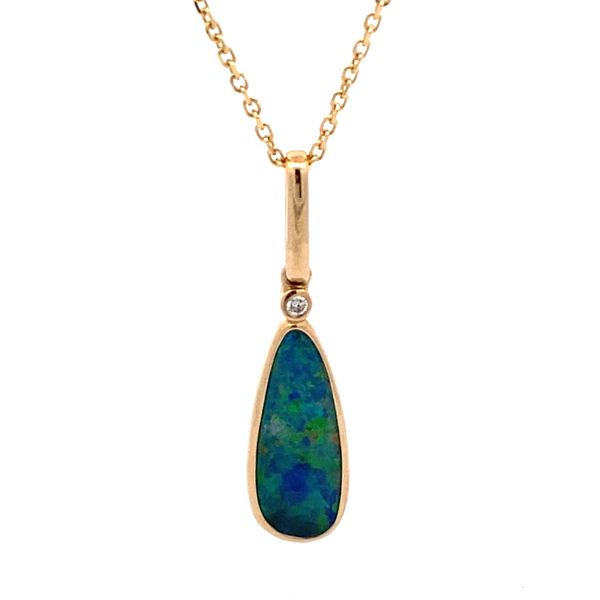 14K Yellow Gold Australian Opal Doublet/Diamond Pendant with Paperclip Bail Gray's Jewelers Bespoke Saint James, NY