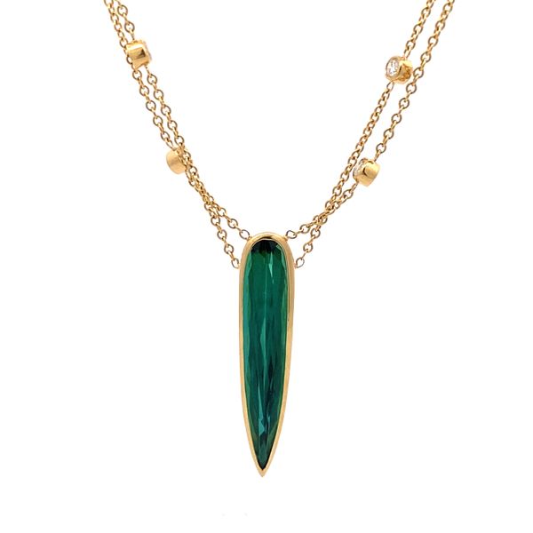 18K Yellow Gold Green Tourmaline Pear Shape Bezel with Diamonds Necklace Gray's Jewelers Bespoke Saint James, NY