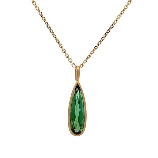 18K Yellow Gold Green Tourmaline Pear Shape Bezel Pendant Gray's Jewelers Bespoke Saint James, NY