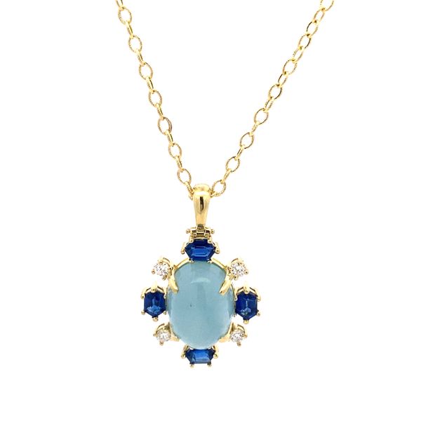 14K Green Gold Aquamarine Cabochon with Diamonds and Hexagon Shape Kyanite Pendant Gray's Jewelers Bespoke Saint James, NY