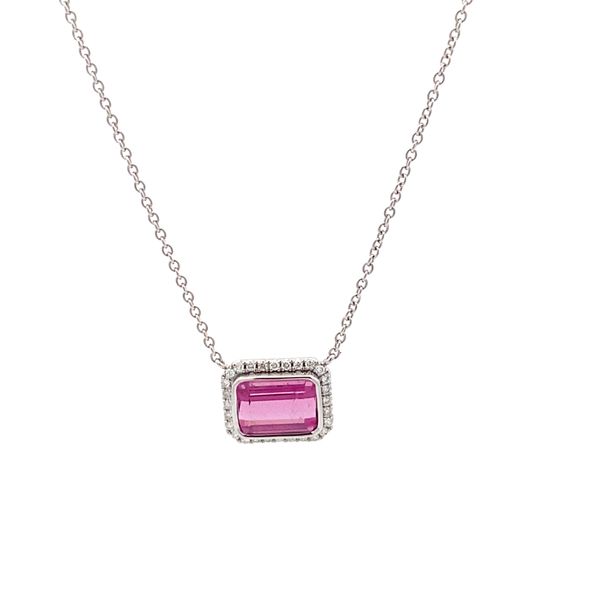 14K White Gold Pink Tourmaline and Diamond Halo Necklace Gray's Jewelers Bespoke Saint James, NY