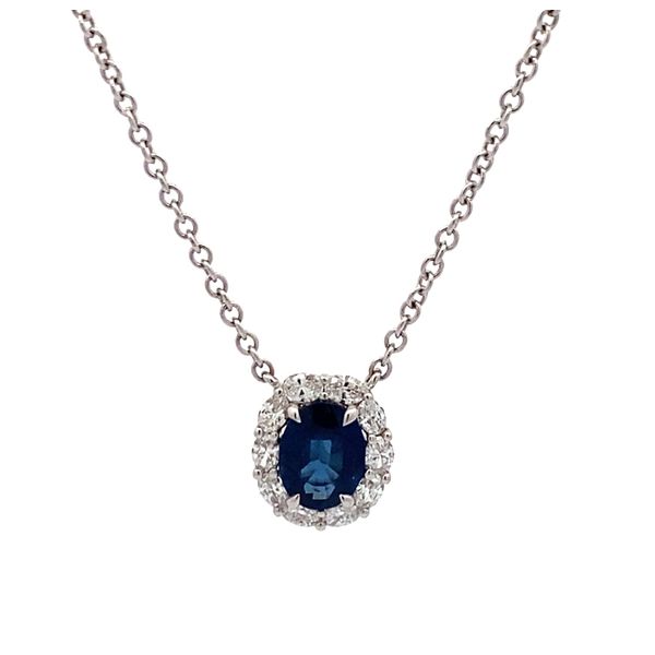 18K White Gold Oval Sapphire and Oval Diamond Halo Necklace Gray's Jewelers Bespoke Saint James, NY