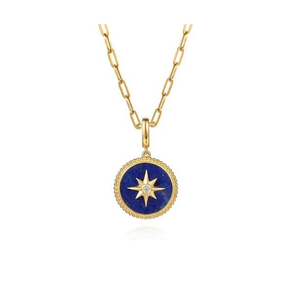 14K Yellow Gold Diamond and Lapis Bujukan Medallion Pendant with Detachable Bail Image 3 Gray's Jewelers Bespoke Saint James, NY
