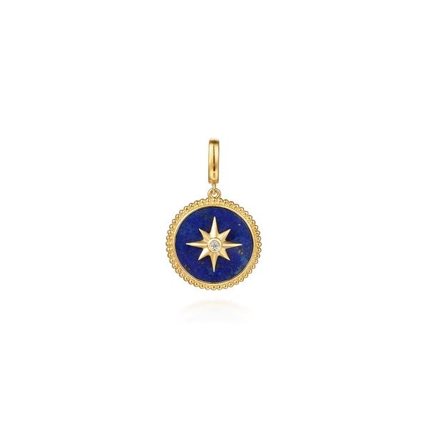 14K Yellow Gold Diamond and Lapis Bujukan Medallion Pendant with Detachable Bail Gray's Jewelers Bespoke Saint James, NY