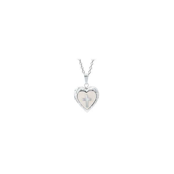 Childrens Sterling Silver Mother of Pearl Cross Heart Locket Gray's Jewelers Bespoke Saint James, NY