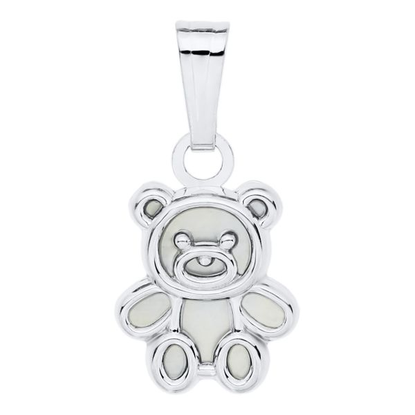 Childrens Sterling Silver Mother of Pearl Teddy Bear Pendant Gray's Jewelers Bespoke Saint James, NY