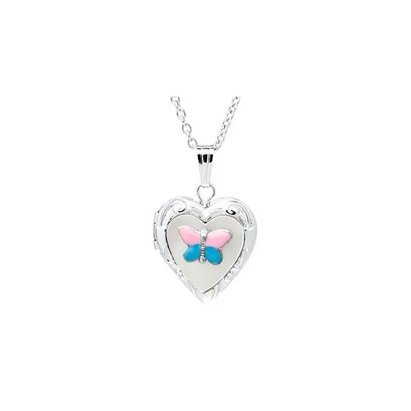 Childrens Sterling Silver Mother of Pearl Heart Locket with Butterfly Gray's Jewelers Bespoke Saint James, NY