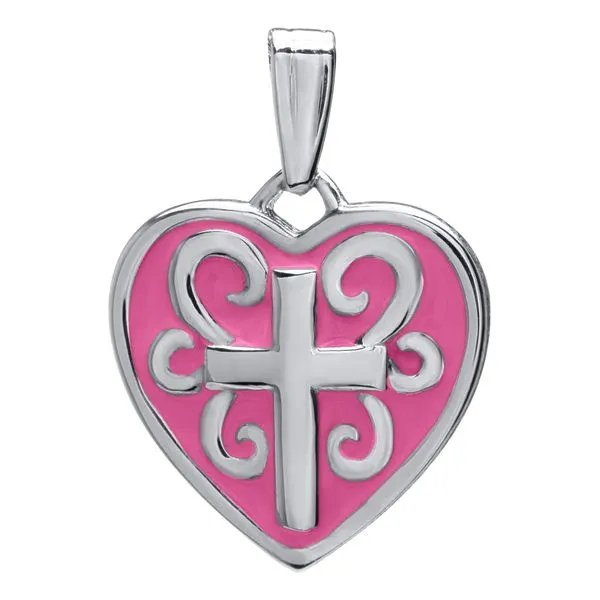 Childrens Pink Heart with Cross in Center Necklace Gray's Jewelers Bespoke Saint James, NY