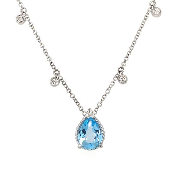 14K WHITE GOLD SWISS BLUE TOPAZ TEAR DROP NECKLACE. AVAILABLE IN ALL BIRTHSTONE COLORS AND METAL COLORS Gray's Jewelers Bespoke Saint James, NY