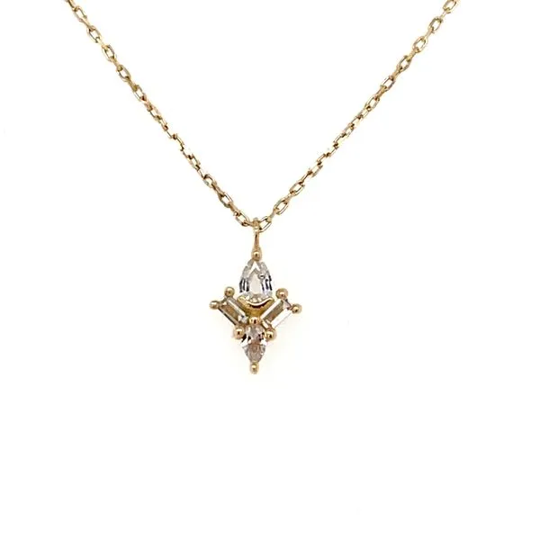 AURORA | 14K Yellow Gold Pear and Baguette White Sapphire Necklace Gray's Jewelers Bespoke Saint James, NY