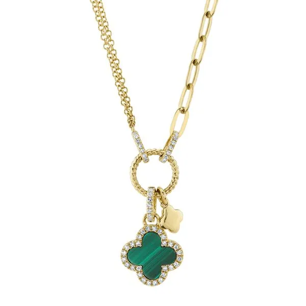 14K Yellow Gold Diamond and Malachite Clover Paperclip & Chain Necklace Gray's Jewelers Bespoke Saint James, NY