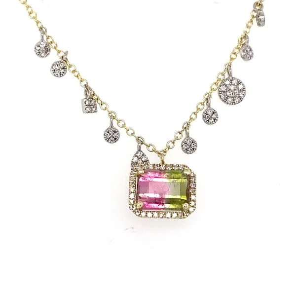 14K Yellow and White Gold Watermelon Tourmaline with Diamond Necklace Gray's Jewelers Bespoke Saint James, NY