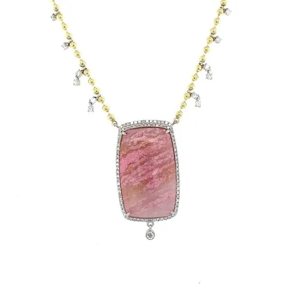 14K Yellow and White Gold Rhodonite and Diamond Halo and Dangle Necklace Gray's Jewelers Bespoke Saint James, NY