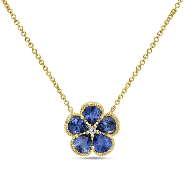 14K Yellow Gold Sapphire and Diamond Flower Necklace Gray's Jewelers Bespoke Saint James, NY