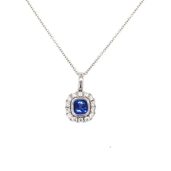 14K White Gold Sapphire and Diamond Halo Pendant Gray's Jewelers Bespoke Saint James, NY