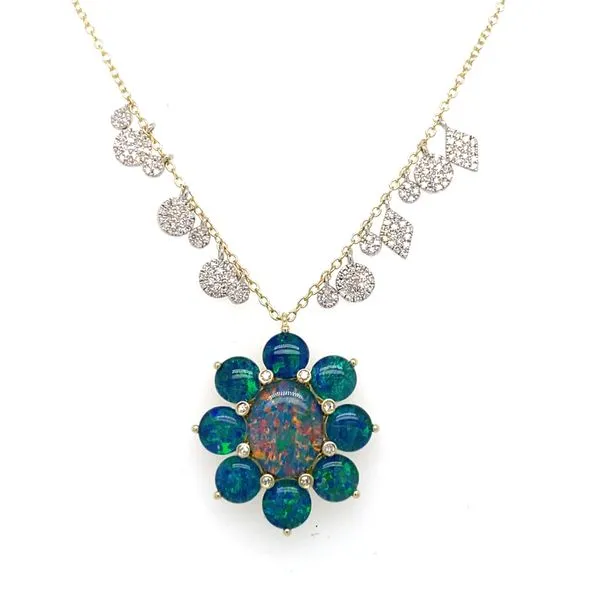 14K Yellow and White Gold Diamond Dangle and Triple Opal Flower Necklace Gray's Jewelers Bespoke Saint James, NY
