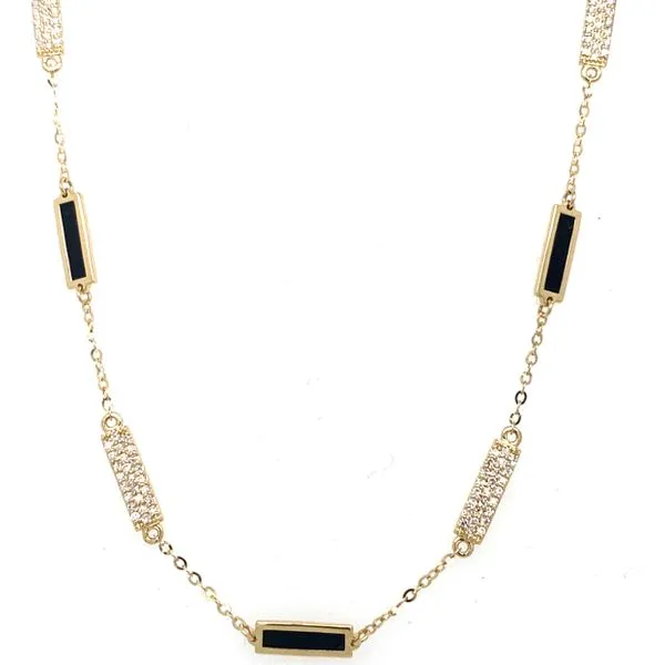 14K Yellow Gold Black Onyx and Diamond Bar Station Necklace Gray's Jewelers Bespoke Saint James, NY