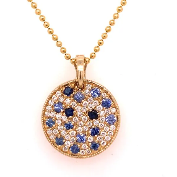 14K Yellow Gold Diamond and Blue Sapphire Circle Necklace Gray's Jewelers Bespoke Saint James, NY