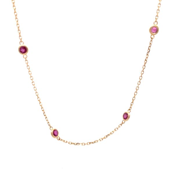14K Yellow Gold Bezel Set Ruby Station Necklace Gray's Jewelers Bespoke Saint James, NY