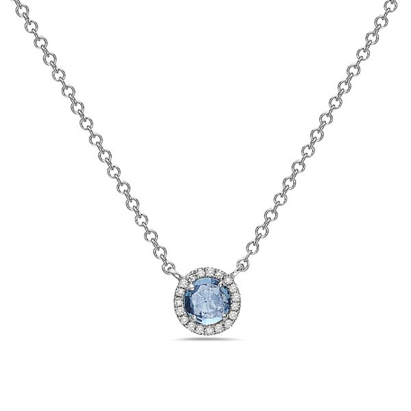 14k White Gold Blue Topaz and Diamond Halo Necklace Gray's Jewelers Bespoke Saint James, NY