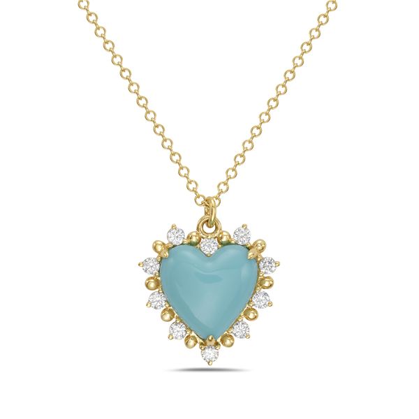14K Yellow Gold Turquoise and Diamond Heart Necklace Gray's Jewelers Bespoke Saint James, NY