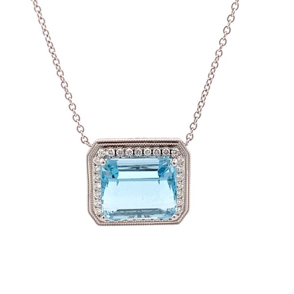 14K White Gold Aquamarine and Diamond Halo Necklace Gray's Jewelers Bespoke Saint James, NY