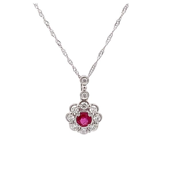 14K White Gold Ruby and Diamond Halo Necklace Gray's Jewelers Bespoke Saint James, NY
