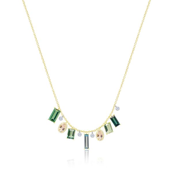 14kt Yellow and White Gold Tourmaline and Morganite Diamond Fringe Necklace Gray's Jewelers Bespoke Saint James, NY