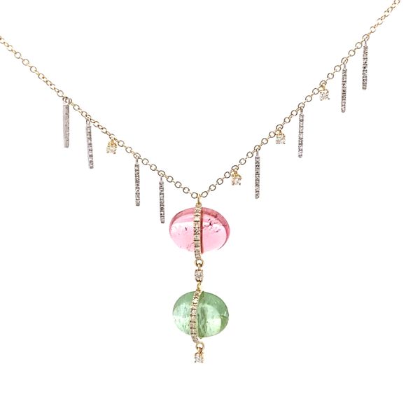 14K Yellow Gold Pink and Green Tourmaline with 14K White Gold Diamond Dangle Necklace Gray's Jewelers Bespoke Saint James, NY