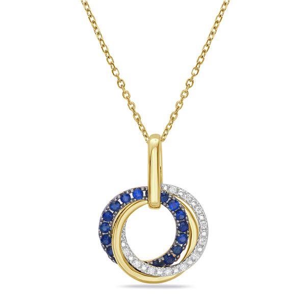 14K Yellow Gold Diamond, Sapphire and Yellow Gold Circle Necklace Gray's Jewelers Bespoke Saint James, NY